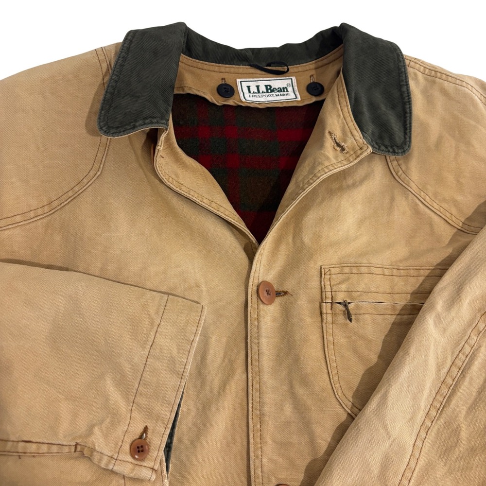 LL Bean Field Barn Coat Jacket Mens XL Tan Canvas Red Wool Plaid Lined Vintage - Picture 9 of 12